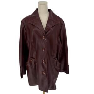 Vintage 1970s Faux Leather Look Jacket Burgundy Women's Size L-XL Belted Vegan